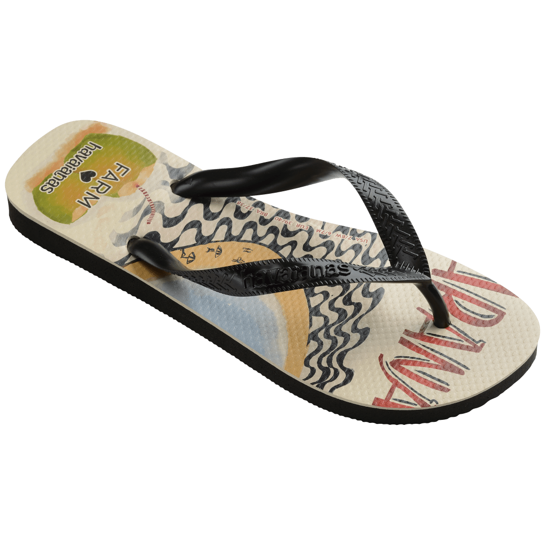 women's FARM Rio x Havaianas flip flop with Copacabana text, parrot, palm trees and beach scene right 3/4 view 