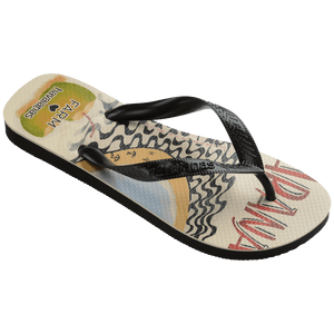 women's FARM Rio x Havaianas flip flop with Copacabana text, parrot, palm trees and beach scene right 3/4 view 