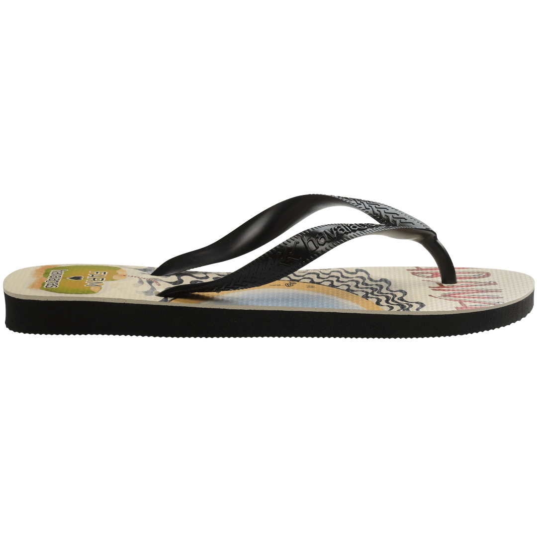 women's FARM Rio x Havaianas flip flop with Copacabana text, parrot, palm trees and beach scene side view 