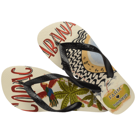 women's FARM Rio x Havaianas flip flop with Copacabana text, parrot, palm trees and beach scene alternate top view 