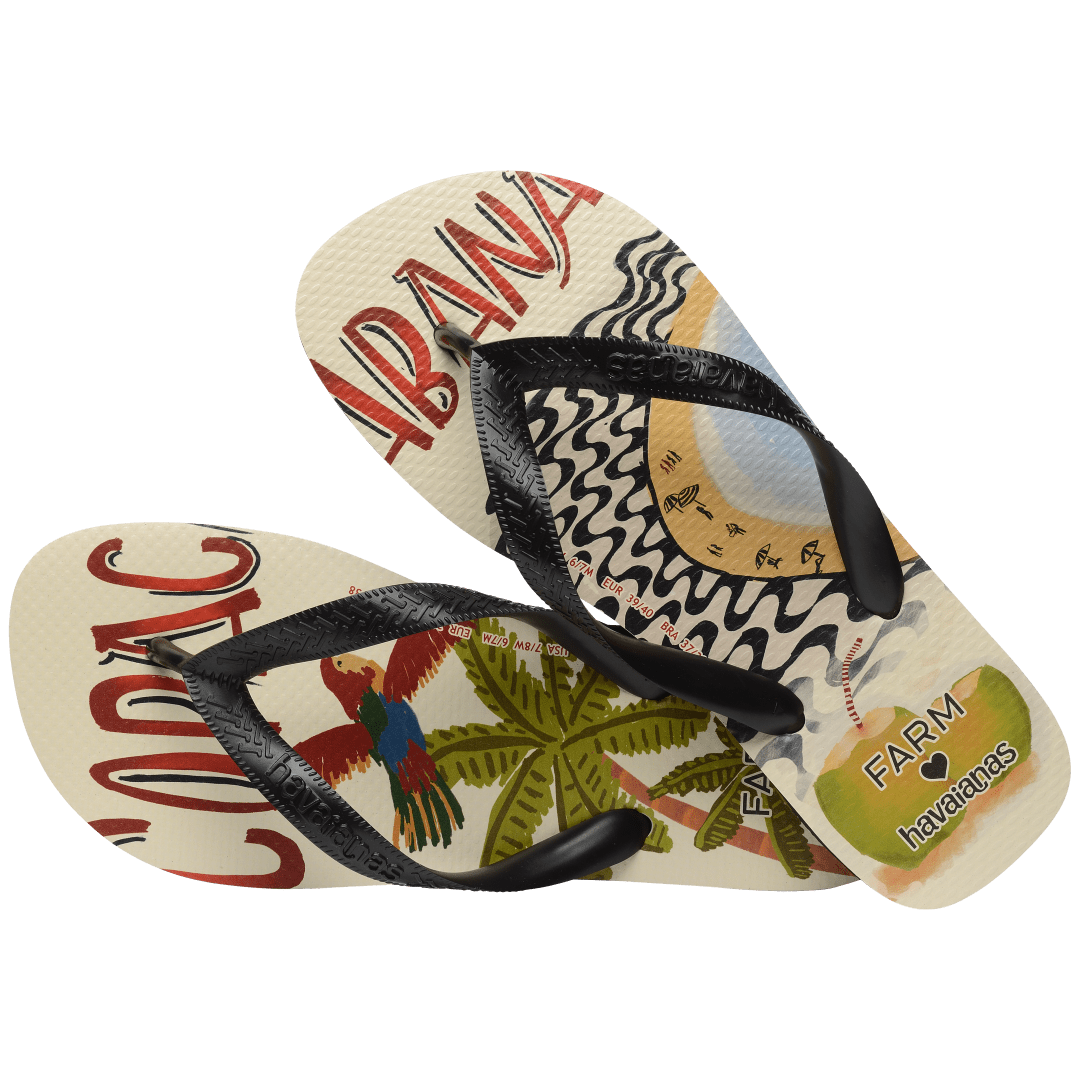 women's FARM Rio x Havaianas flip flop with Copacabana text, parrot, palm trees and beach scene alternate top view 