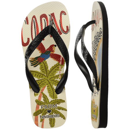 women's FARM Rio x Havaianas flip flop with Copacabana text, parrot, palm trees and beach scene top view and side view