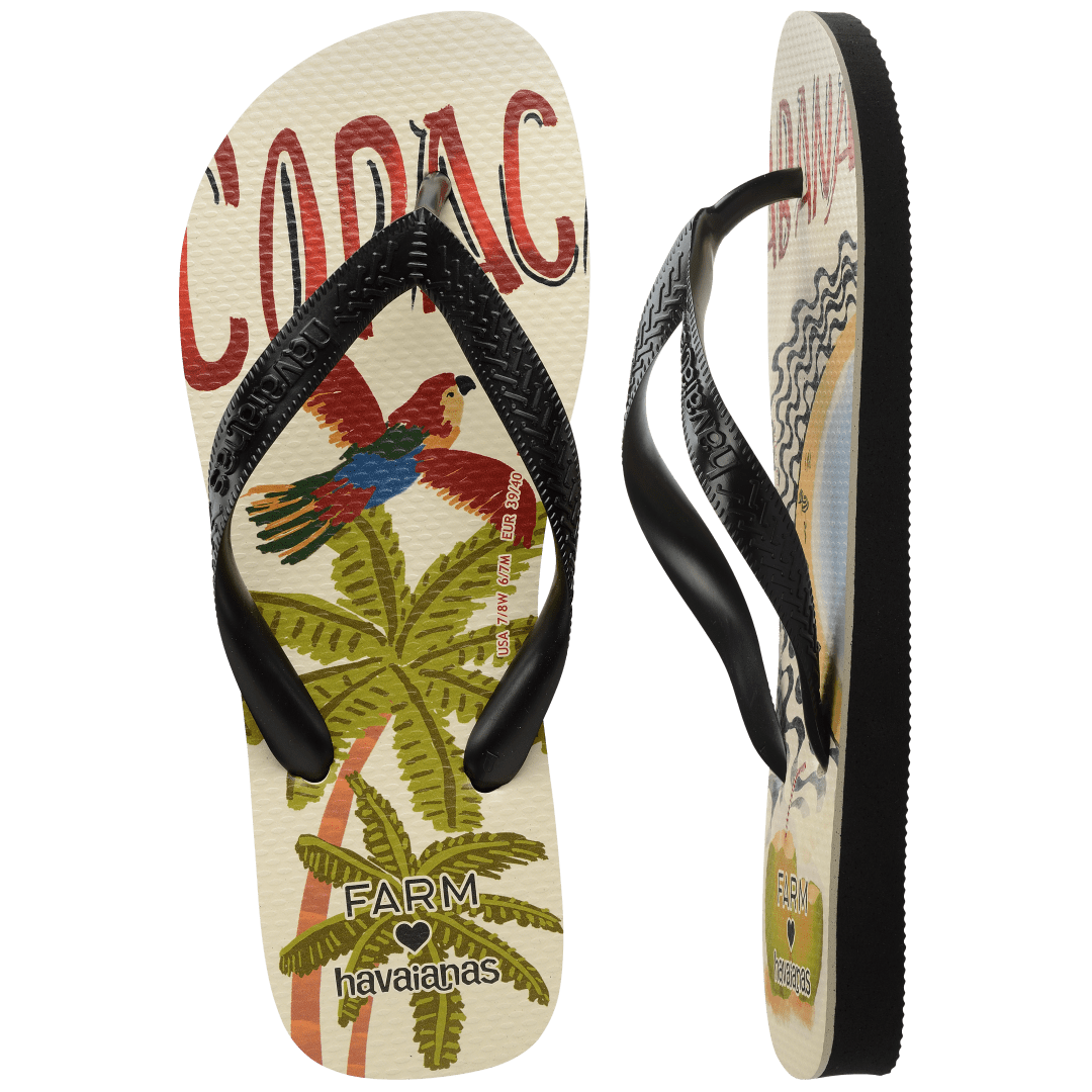 women's FARM Rio x Havaianas flip flop with Copacabana text, parrot, palm trees and beach scene top view and side view