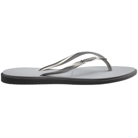 light grey sandals with darker grey outline around footbed, with metallic grey straps and a silver metal havaianas logo on the strap, side view