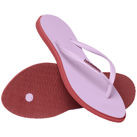 Women's light purple pointed toe flip flops with red contrast sole, sole and top view