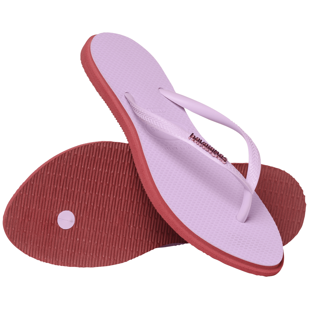 Women's light purple pointed toe flip flops with red contrast sole, sole and top view