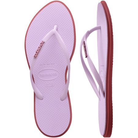 Women's light purple pointed toe flip flops with red contrast sole, top and side view