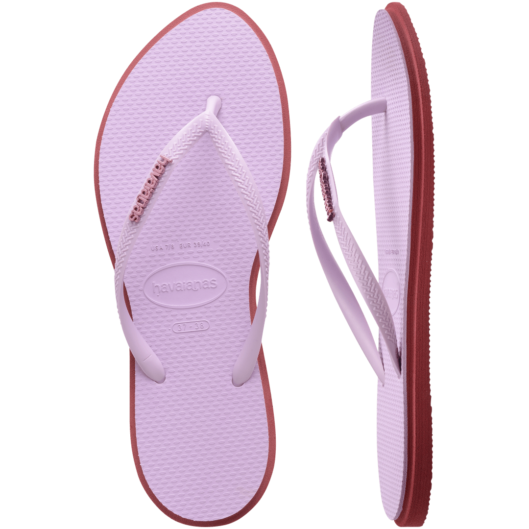 Women's light purple pointed toe flip flops with red contrast sole, top and side view