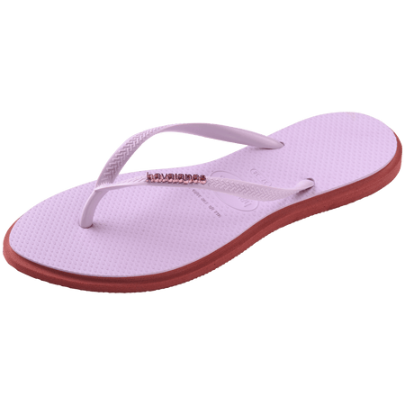 Women's light purple pointed toe flip flops with red contrast sole, left 3/4 view