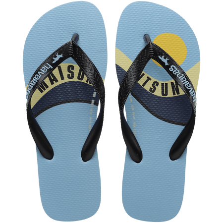 Unisex Maison Kitsune x Havaianas light blue flip flop with wave print and black straps, top view