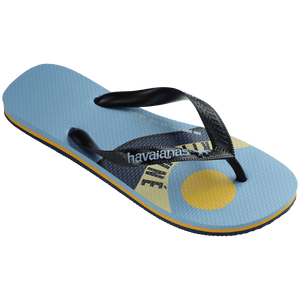 Unisex Maison Kitsune x Havaianas light blue flip flop with wave print and black straps, right 3/4 view