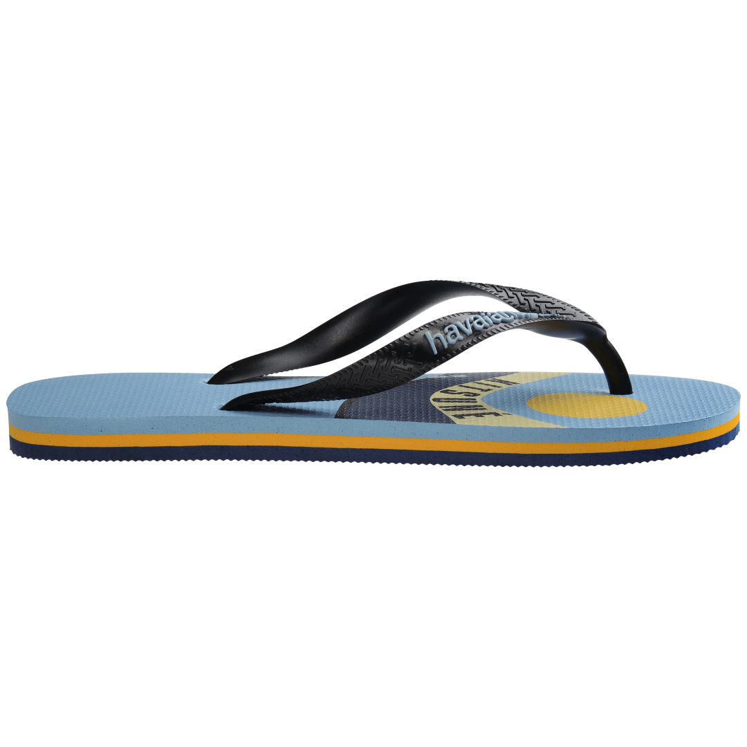 Unisex Maison Kitsune x Havaianas light blue flip flop with wave print and black straps, side view