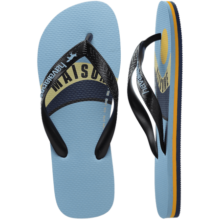 Unisex Maison Kitsune x Havaianas light blue flip flop with wave print and black straps, top and side view