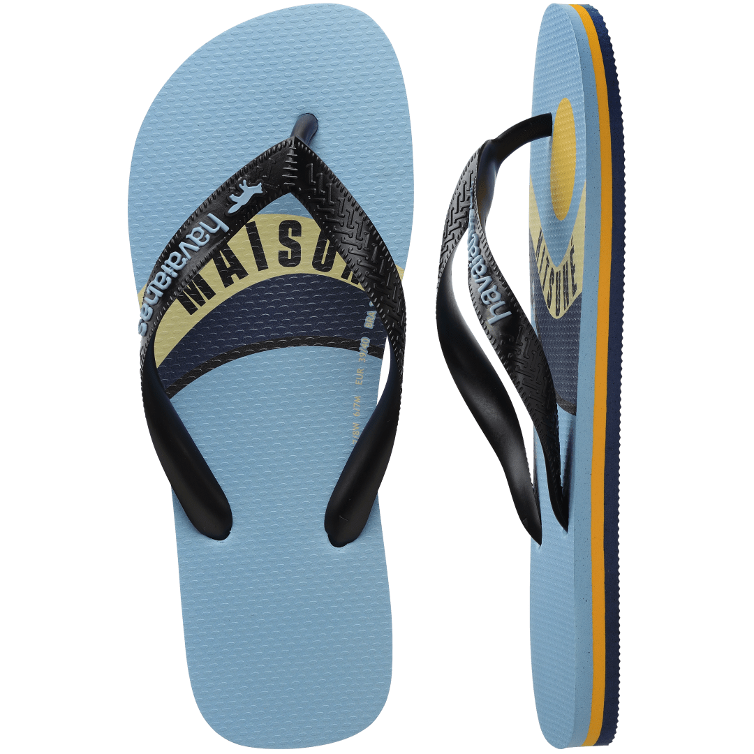 Unisex Maison Kitsune x Havaianas light blue flip flop with wave print and black straps, top and side view