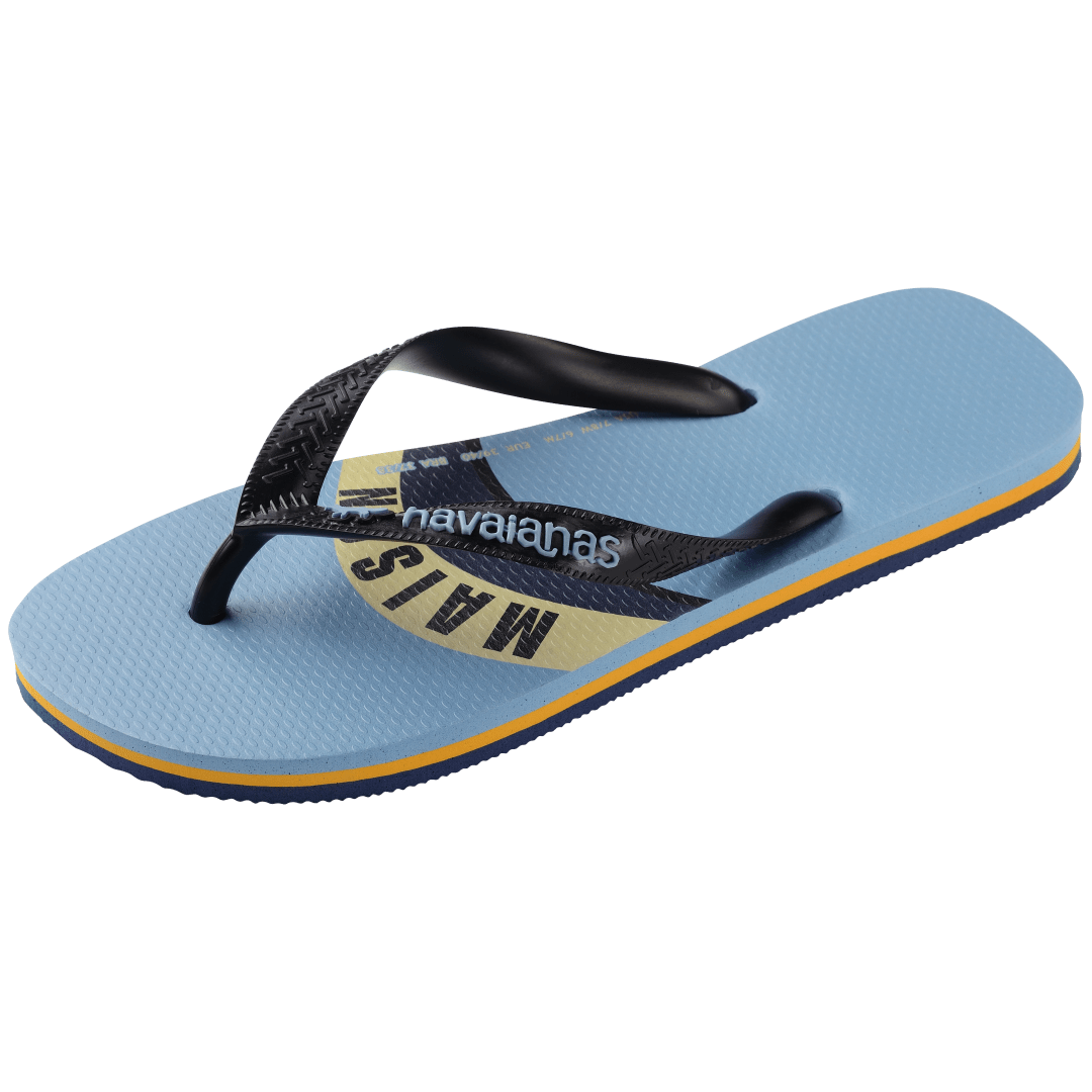 Unisex Maison Kitsune x Havaianas light blue flip flop with wave print and black straps, left 3/4 view