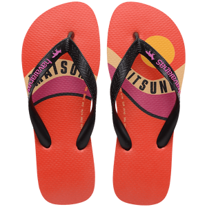 Unisex Maison Kitsune x Havaianas red flip flop with pink, yellow and tan wave print and black straps, top view