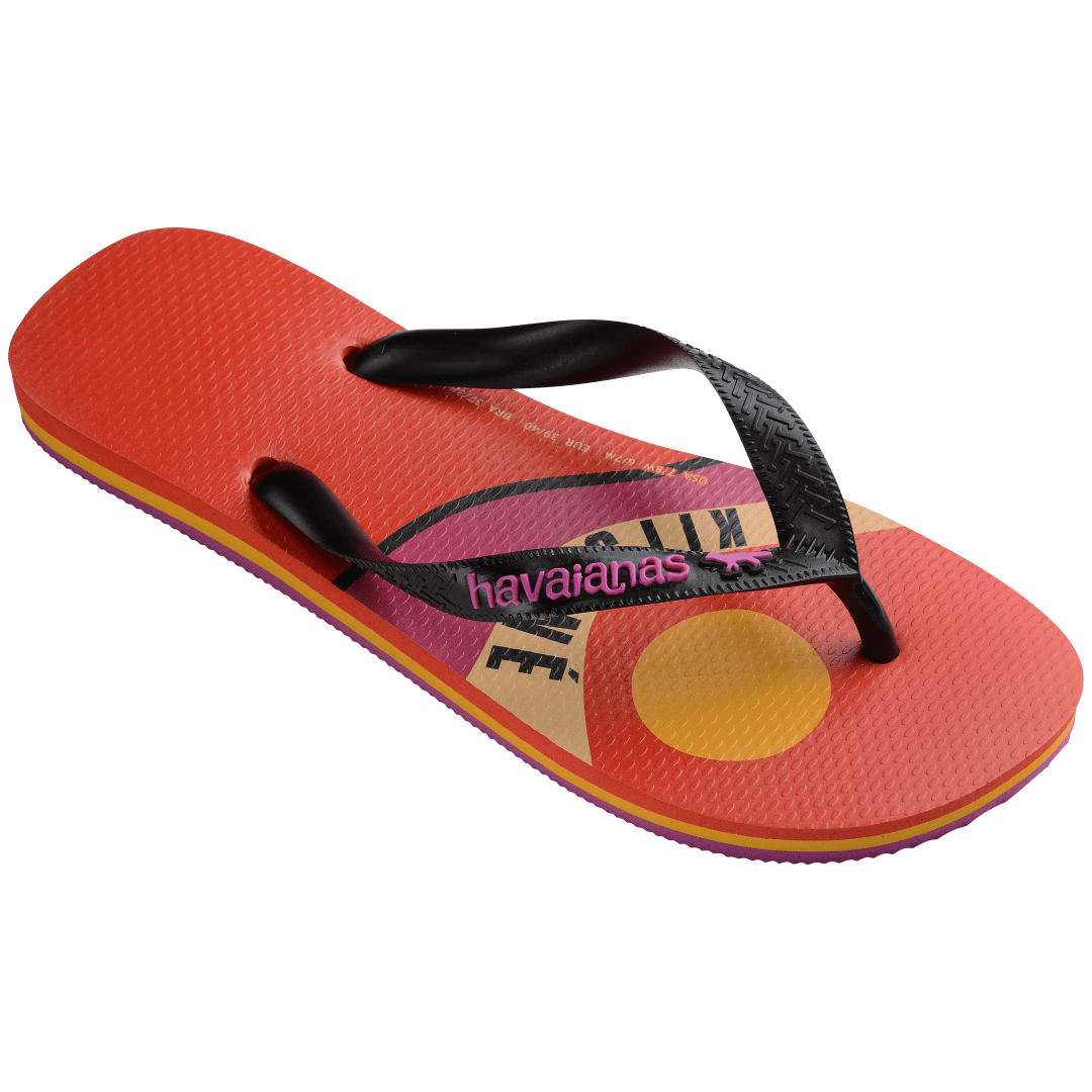 Unisex Maison Kitsune x Havaianas red flip flop with pink, yellow and tan wave print and black straps, 3/4 view