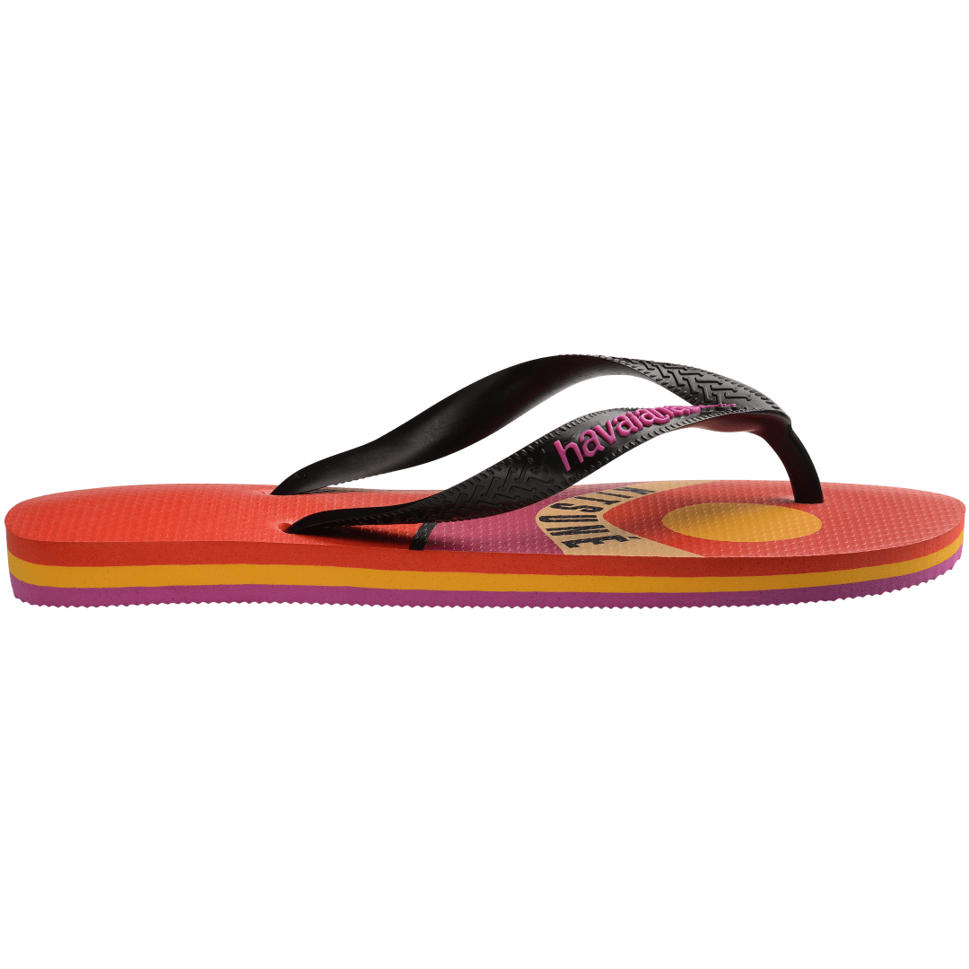 Unisex Maison Kitsune x Havaianas red flip flop with pink, yellow and tan wave print and black straps, side view