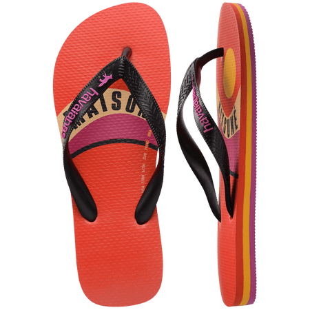 Unisex Maison Kitsune x Havaianas red flip flop with pink, yellow and tan wave print and black straps, top and side view