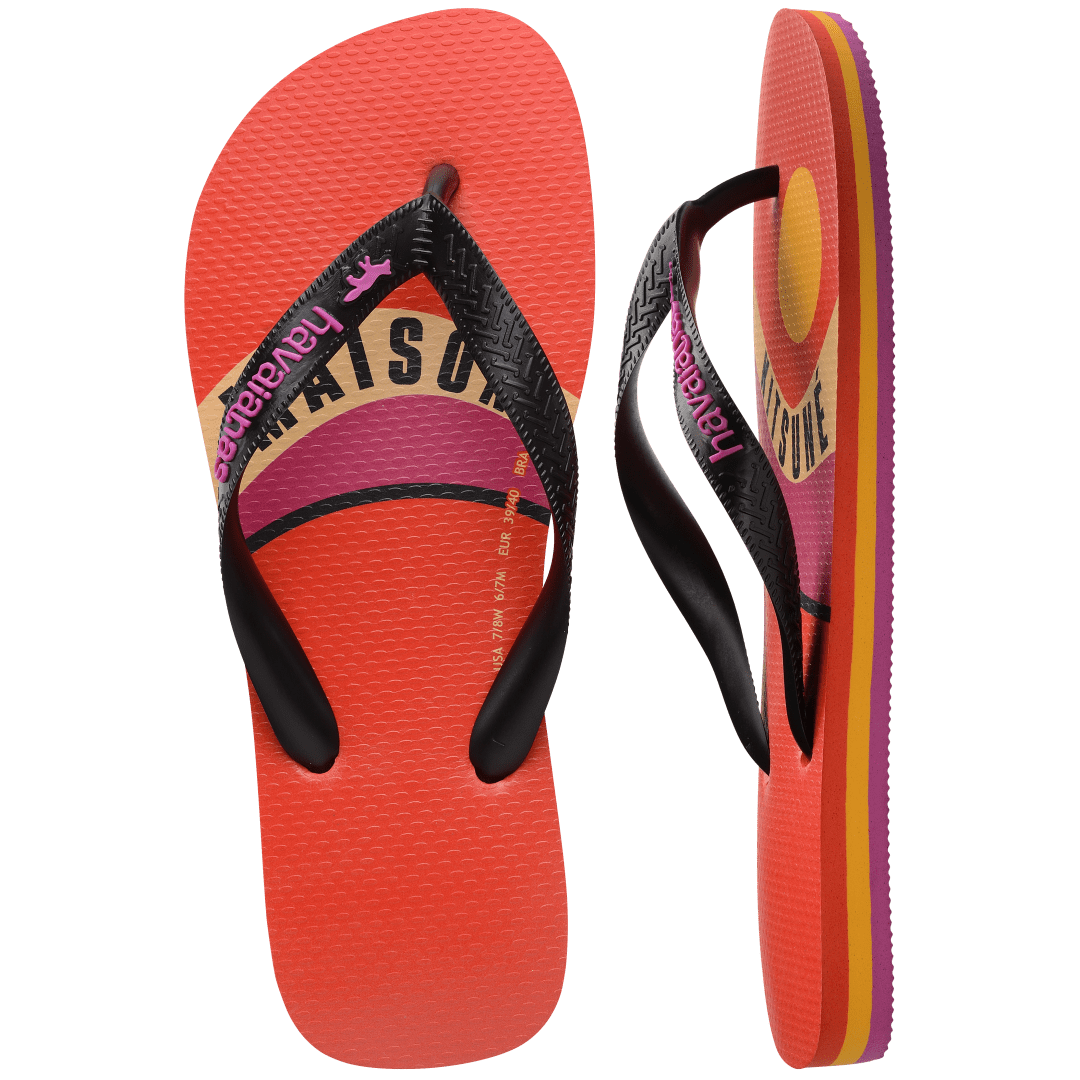 Unisex Maison Kitsune x Havaianas red flip flop with pink, yellow and tan wave print and black straps, top and side view