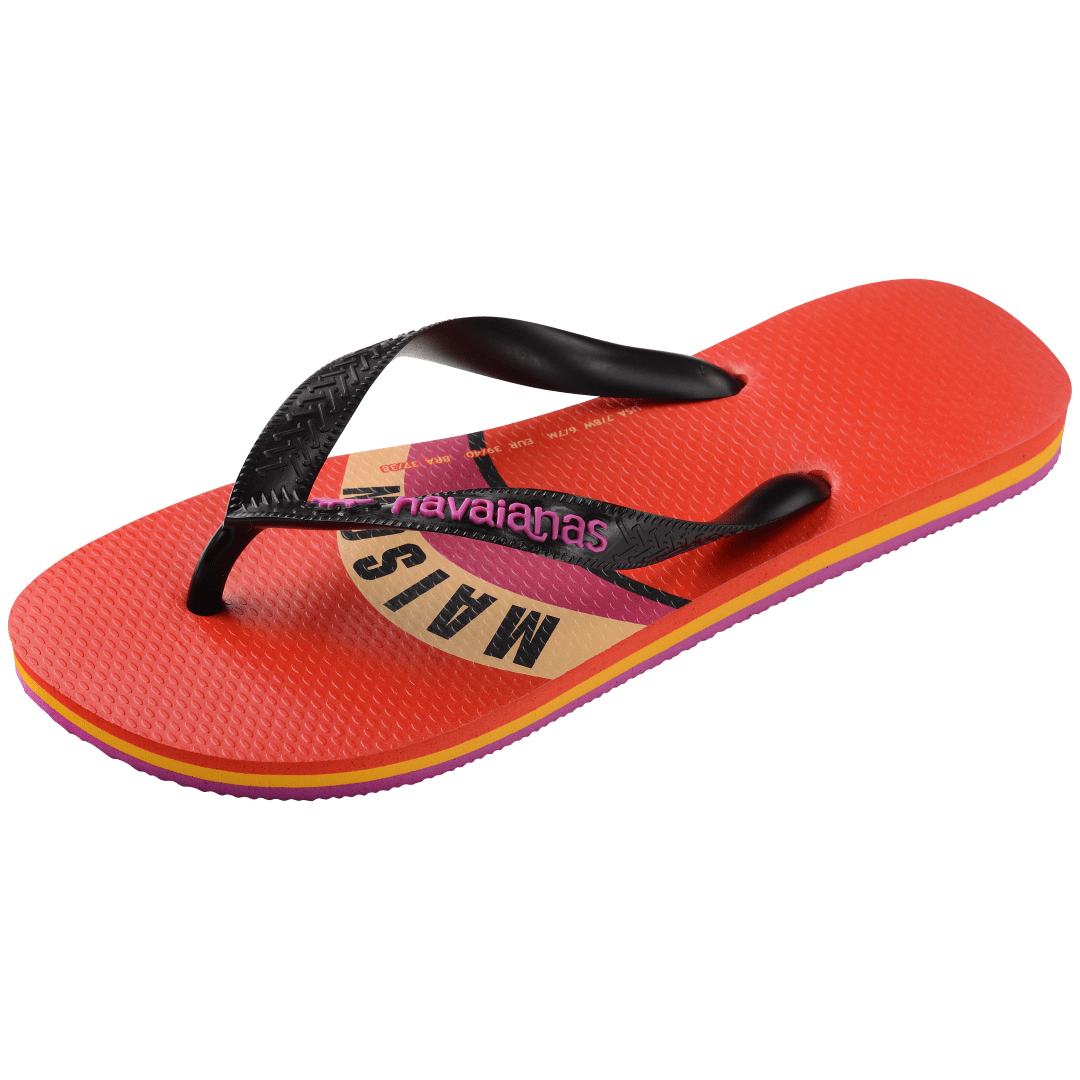 Unisex Maison Kitsune x Havaianas red flip flop with pink, yellow and tan wave print and black straps, left 3/4 view