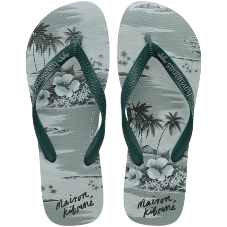 Maison Kitsune x Havaianas teal tonal tropical print flip flops with dark green straps, top view