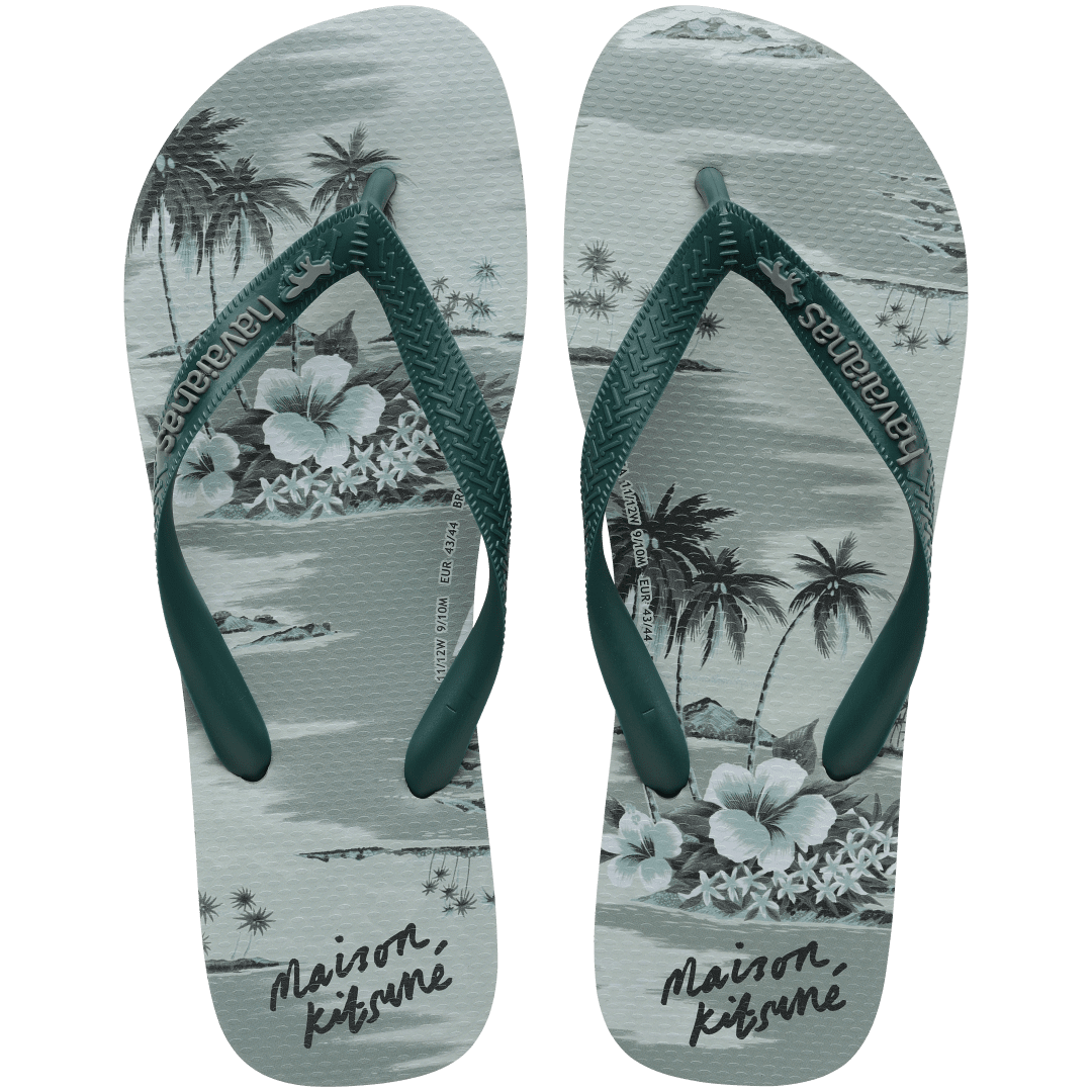 Maison Kitsune x Havaianas teal tonal tropical print flip flops with dark green straps, top view