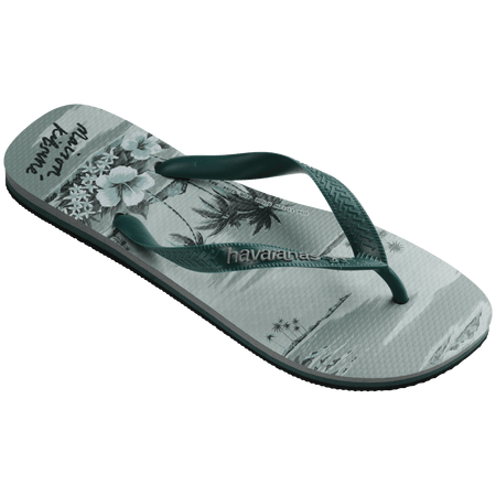 Maison Kitsune x Havaianas teal tonal tropical print flip flops with dark green straps, 3/4 right view