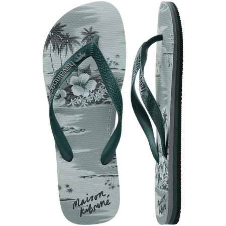 Maison Kitsune x Havaianas teal tonal tropical print flip flops with dark green straps, top and side view