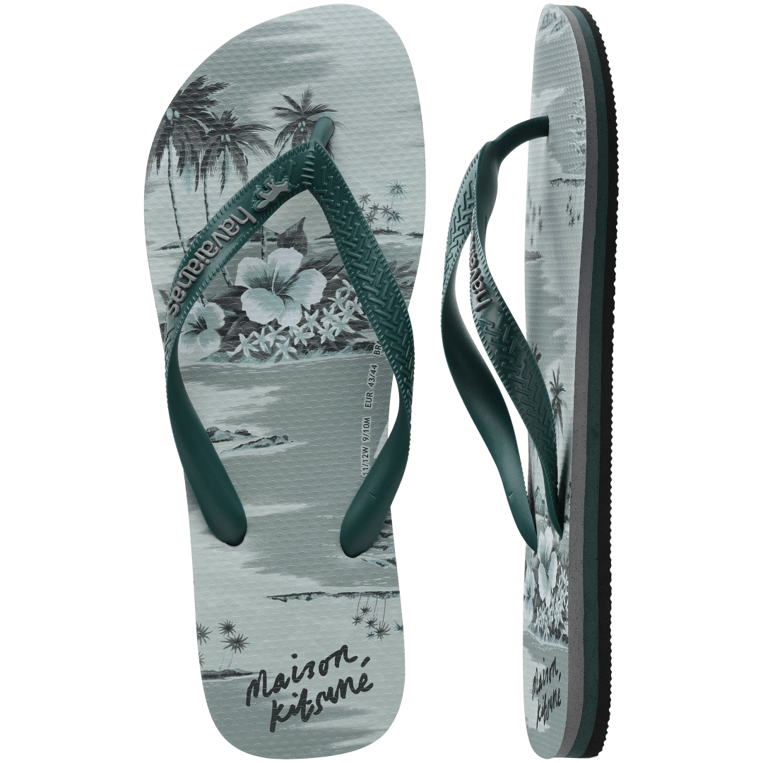 Maison Kitsune x Havaianas teal tonal tropical print flip flops with dark green straps, top and side view