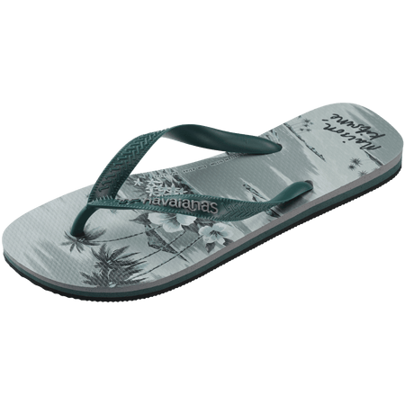 Maison Kitsune x Havaianas teal tonal tropical print flip flops with dark green straps, left 3/4 view