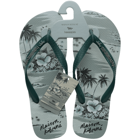 Maison Kitsune x Havaianas teal tonal tropical print flip flops with dark green straps, top view with packaging