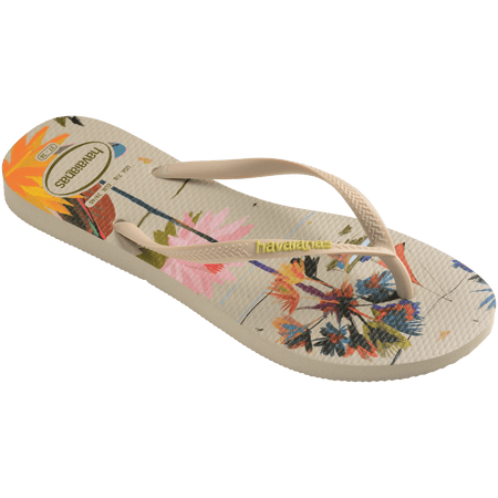 Women's boat, beach umbrella and floral print multi colored flip flop top side angle view