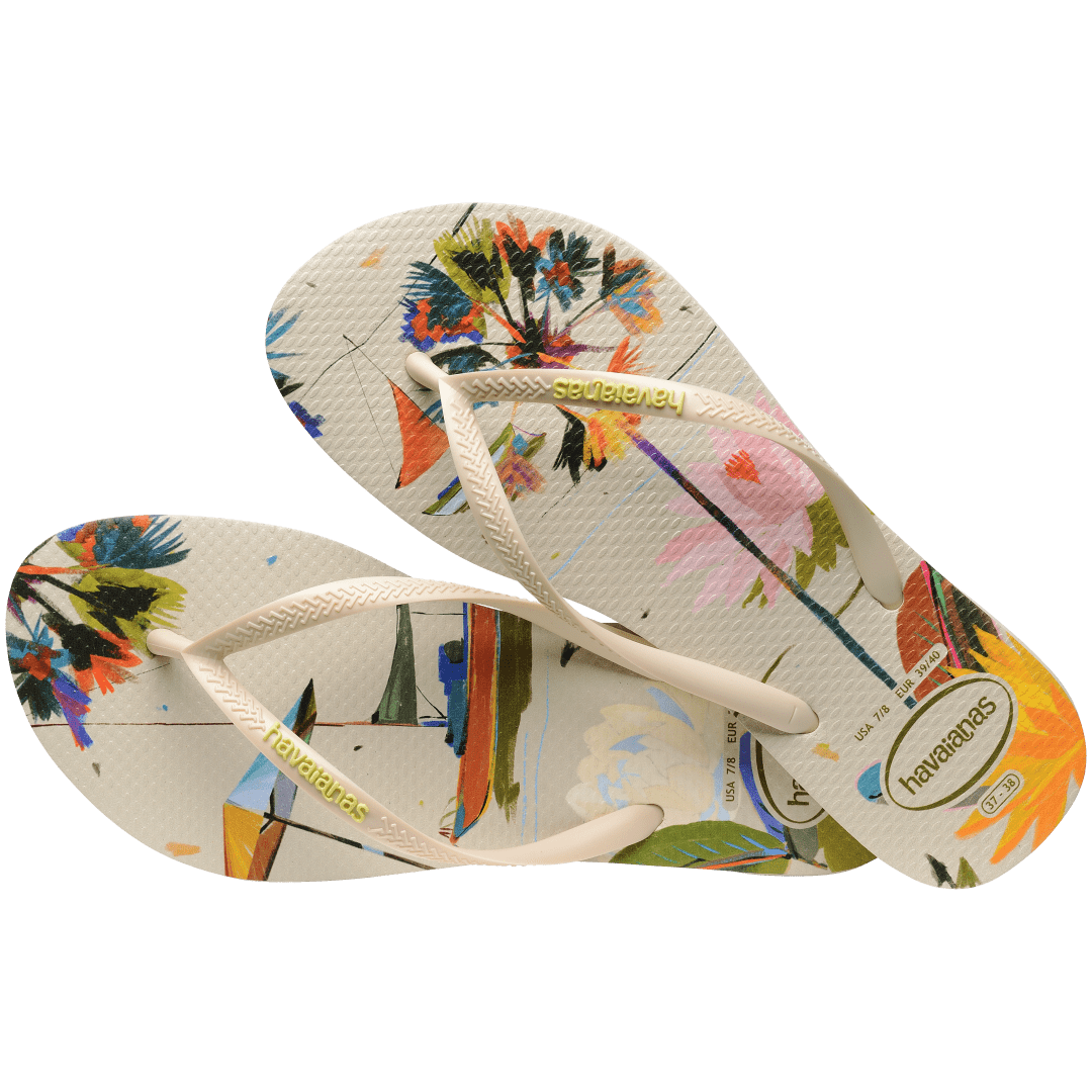 Women's boat, beach umbrella and floral print multi colored flip flop top dual view