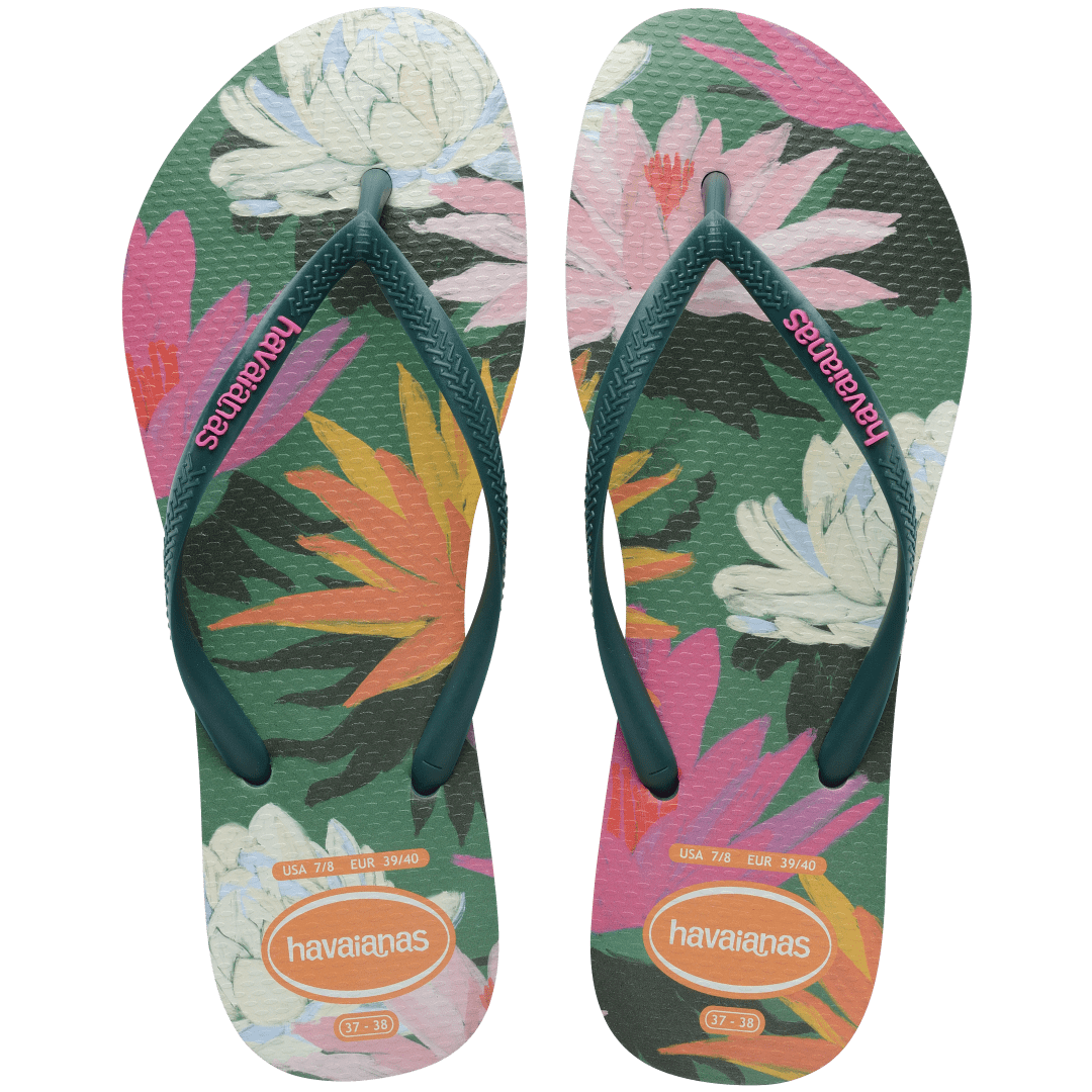 Women's multi colored flip flop with green straps and pink logo top view