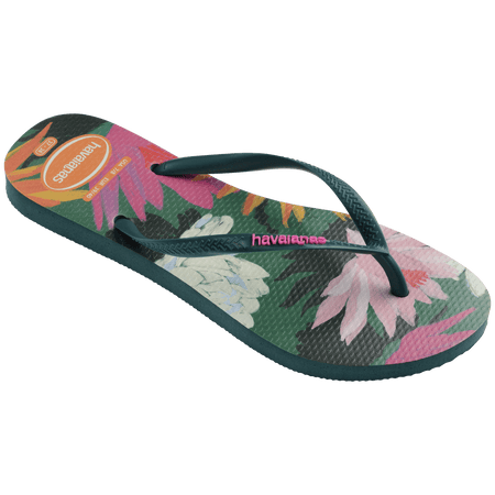 Women's multi colored flip flop with green straps and pink logo top side view