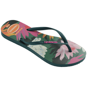 Women's multi colored flip flop with green straps and pink logo top side view