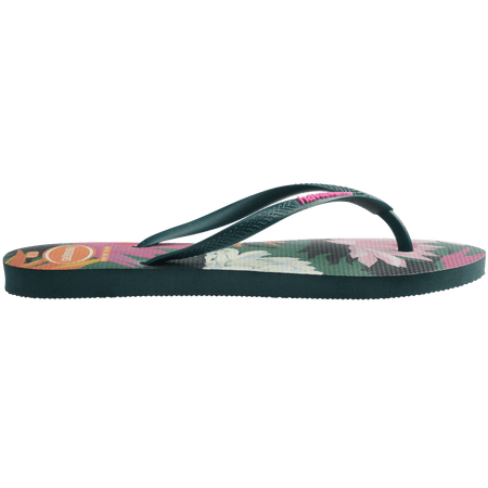 Women's multi colored flip flop with green straps and pink logo side view