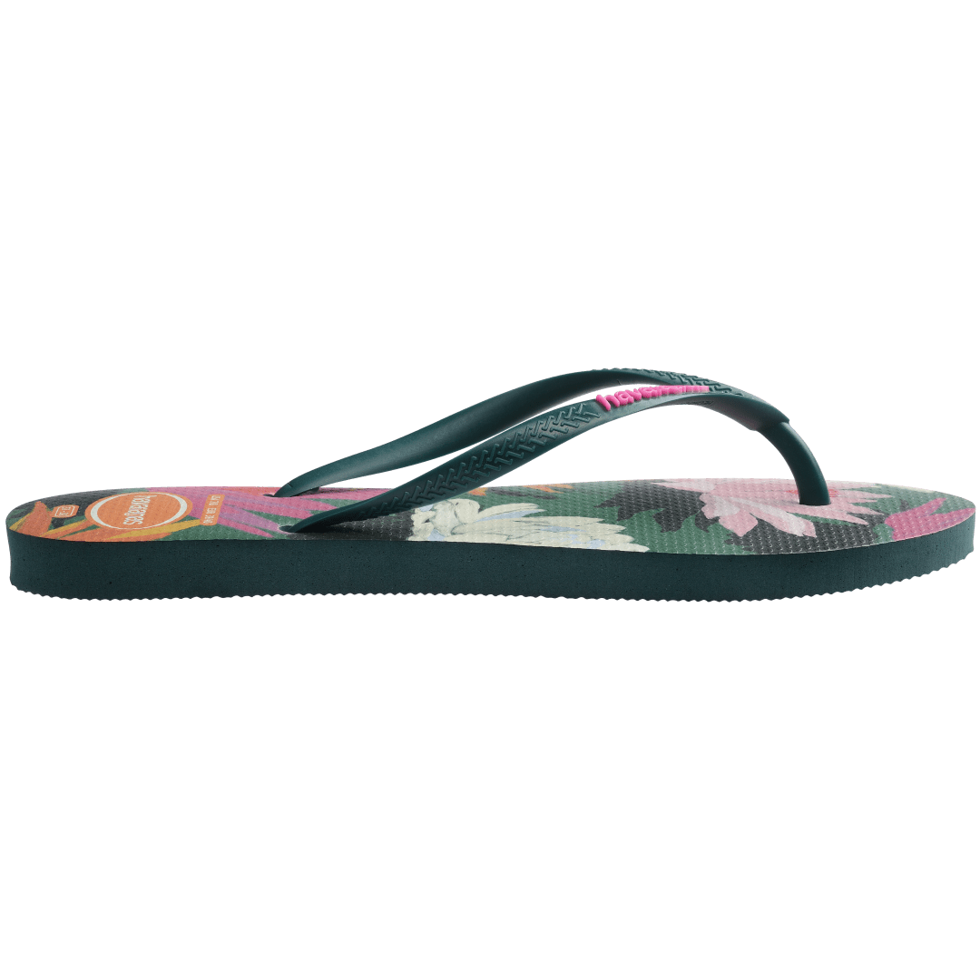 Women's multi colored flip flop with green straps and pink logo side view