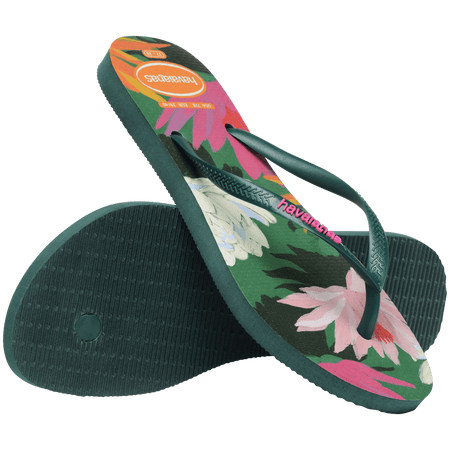 Women's multi colored flip flop with green straps and pink logo top side and bottom view