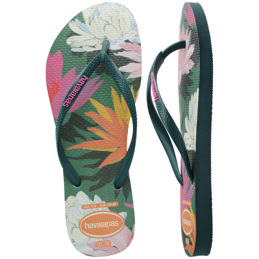 Women's multi colored flip flop with green straps and pink logo top and side view