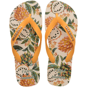 Orange, pink and green floral FARM Rio collaboration flip flop top view