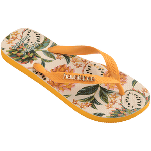 Orange, pink and green floral FARM Rio collaboration single flip flop 3/4 view