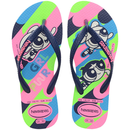 bright green, pink, blue, flip flop sole with Powerpuff Girls printed on them featuring navy straps with the Havaianas logo in pink, top view