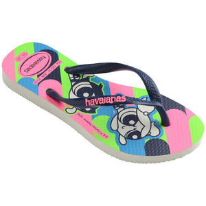 bright green, pink, blue, flip flop sole with Powerpuff Girls printed on them featuring navy straps with the Havaianas logo in pink, front right view