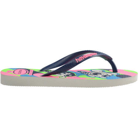 bright green, pink, blue, flip flop sole with Powerpuff Girls printed on them featuring navy straps with the Havaianas logo in pink, side view