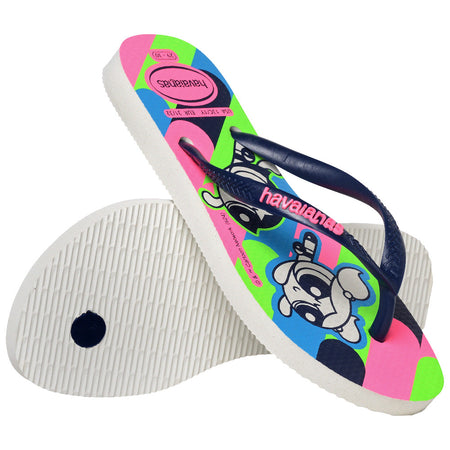 bright green, pink, blue, flip flop sole with Powerpuff Girls printed on them featuring navy straps with the Havaianas logo in pink, one flip flop leaning on the other flip flop, toe side down