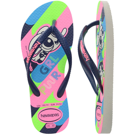 bright green, pink, blue, flip flop sole with Powerpuff Girls printed on them featuring navy straps with the Havaianas logo in pink, one flip flop top view, one flip flop side view