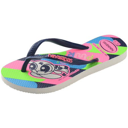 bright green, pink, blue, flip flop sole with Powerpuff Girls printed on them featuring navy straps with the Havaianas logo in pink, front left view