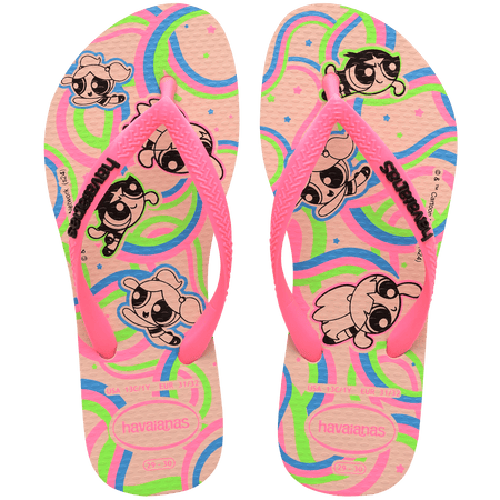 Powerpuff Girls flying on a neon green, blue, and pink background sole of flip flops, with pink straps with black Havaianas logo, top view